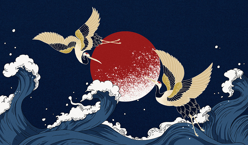 两只仙鹤在海浪上方飞翔国风插画下载
