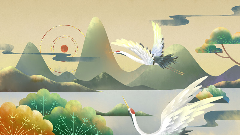 向太阳腾飞的仙鹤，翠绿的松树，江水与远山，中国风插画下载