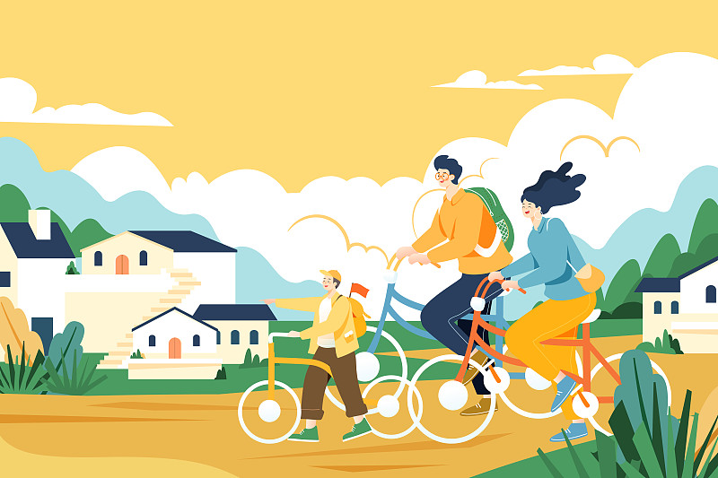 卡通家人亲子骑行团圆踏青春游儿童自然风景城市建筑火车矢量插画图片