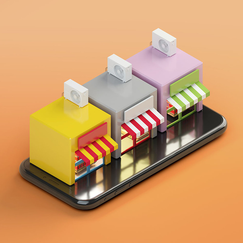 三个商店的3D插图放在手机上图片素材