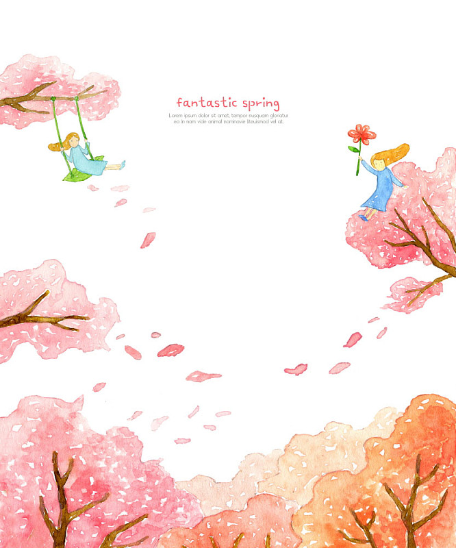 水彩插图的粉红色和桔子树作为仙女在秋千和仙女抱花图片素材