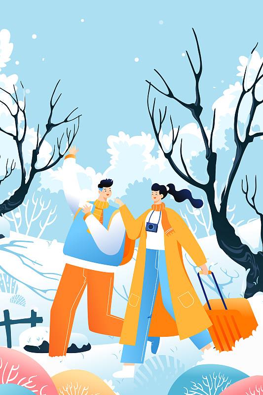 卡通冬季温暖促销冬日情侣出游旅行滑雪玩耍打雪仗儿童矢量插画下载