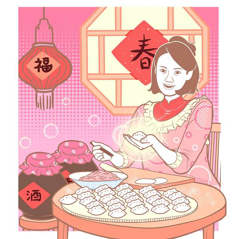 方粉红少女系年俗画-包饺子图片下载