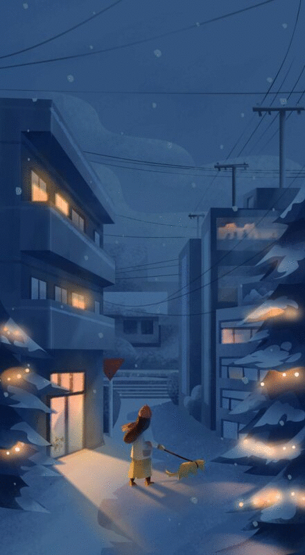冬天城市小巷里的雪景-动图插画下载