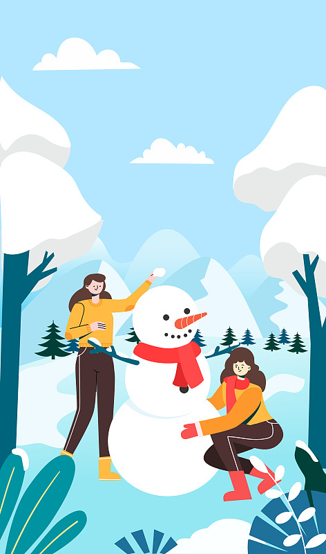 寒冷冬天一起堆雪人的女孩矢量插画下载