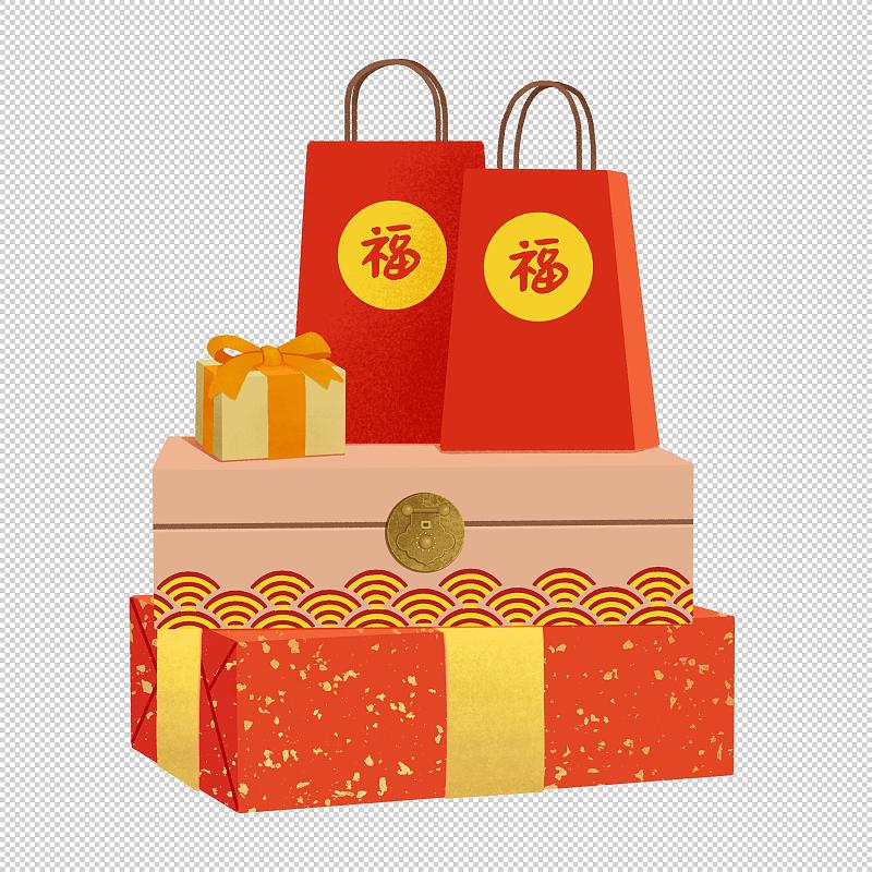 新年春节礼物礼盒礼品袋和中式复古箱子扁平风格图片素材