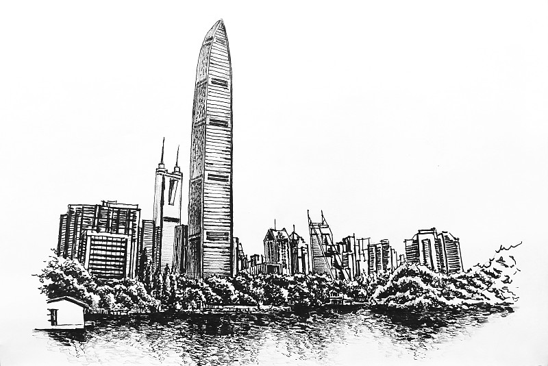 深圳地标建筑摩天大楼京基100城市插画钢笔画图片
