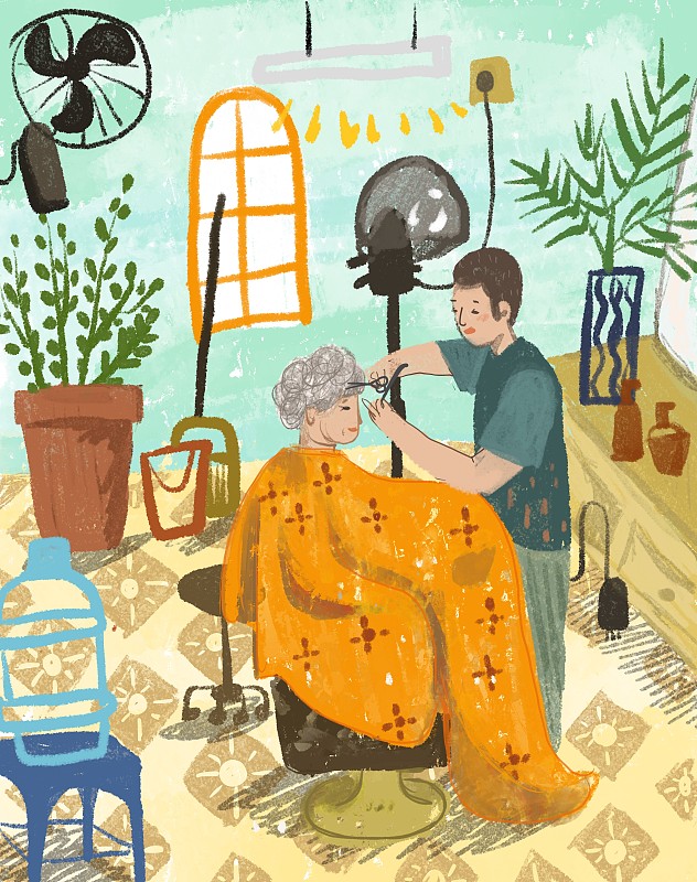 奶奶在旧式理发店里剪头发图片素材