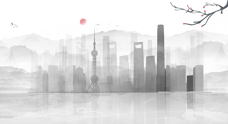 上海建筑群中国风复古插画下载