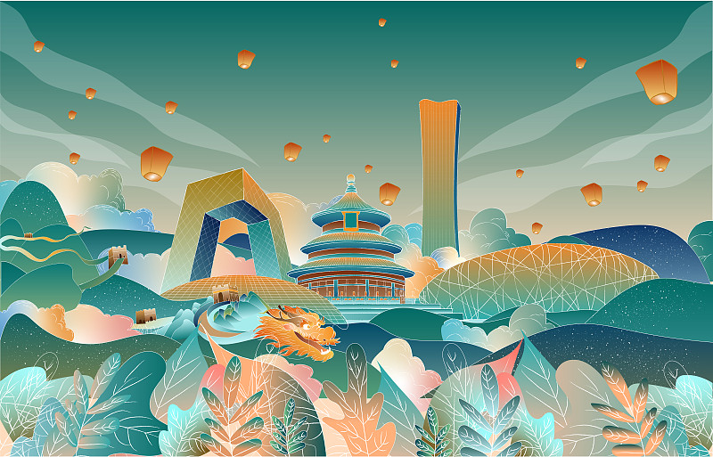 北京地标建筑群噪点肌理扁平插画图片
