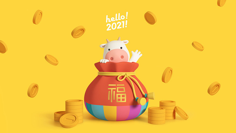 3D可爱的牛人物里面的幸运袋与金币落在黄色的背景图片素材