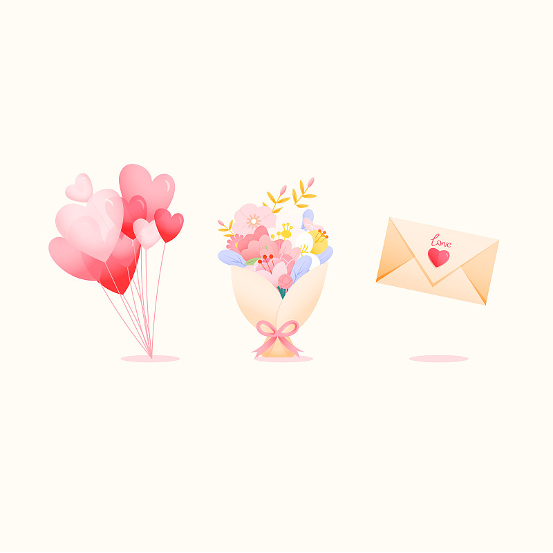 爱心气球、花束和情书矢量插画元素图片