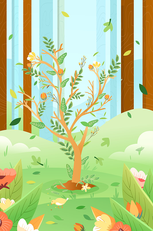 卡通春季春天植树节树林万物生长植物花卉叶子生活方式矢量插画图片