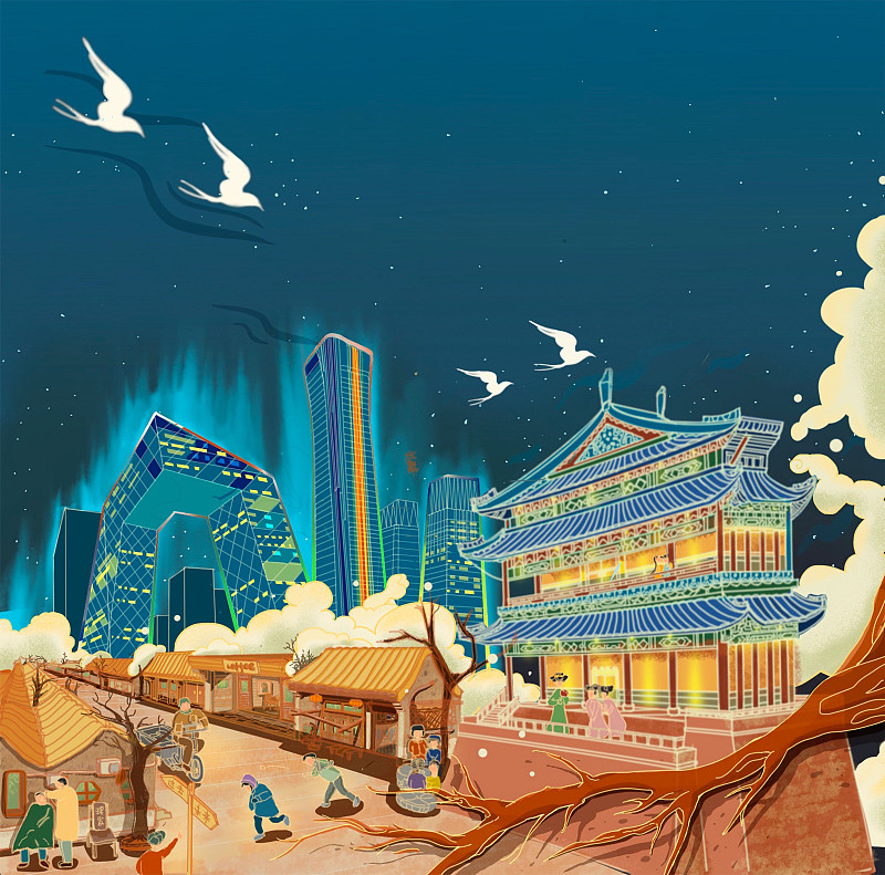 北京城市插画|过去与现在图片