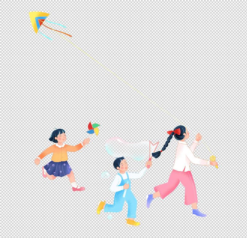 奔跑玩耍放风筝吹泡泡的男孩女孩插画图片