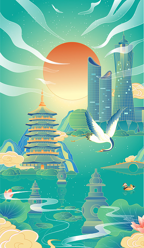 杭州城市国风插画竖版下载