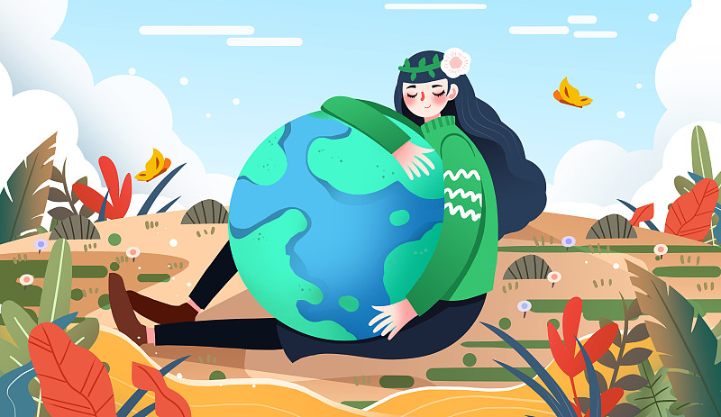 卡通手绘少女拥抱地球世界地球日插画图片