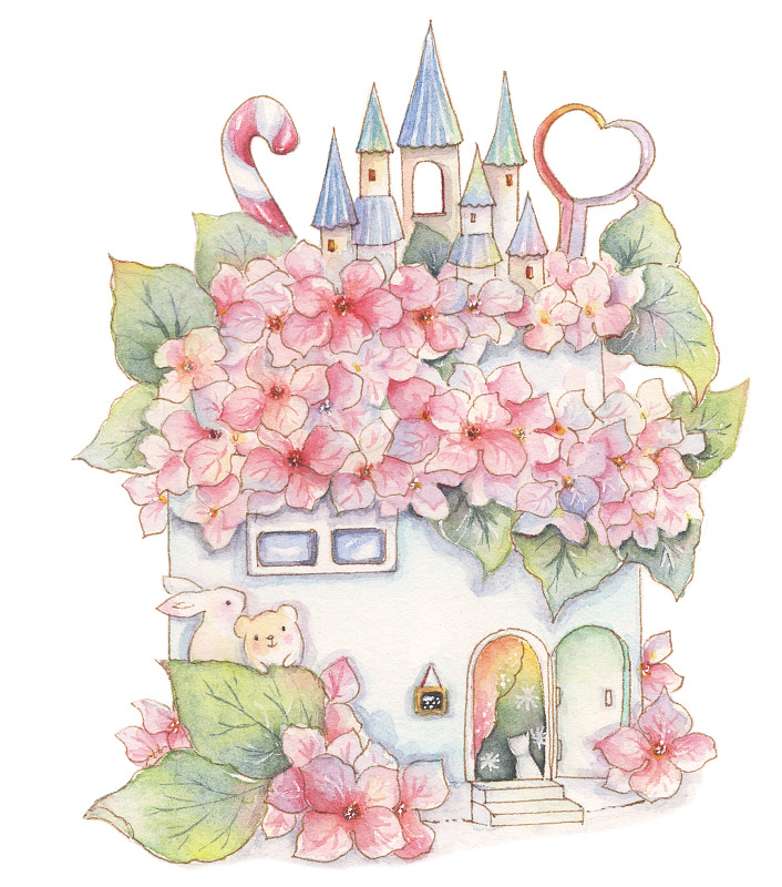 水彩插画童趣可爱的蛋糕花朵童话小房屋下载