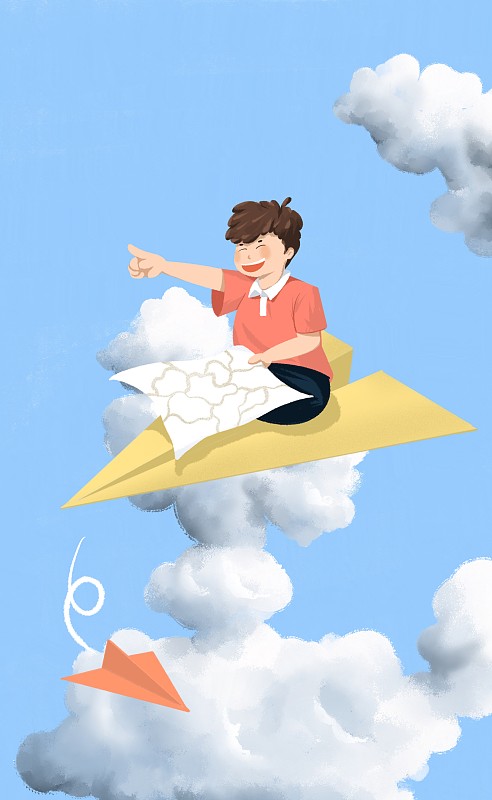 男孩坐在纸飞机上飞行插画图片