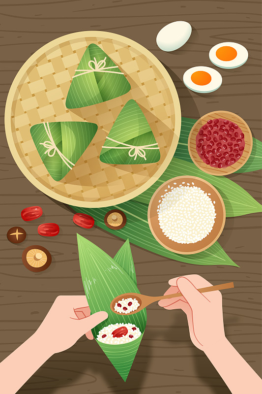 桌上的粽子粽叶和包粽子插画图片
