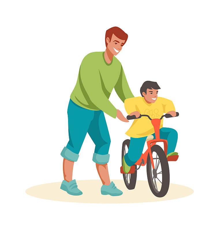 爸爸教儿子骑自行车的家庭场景图片素材