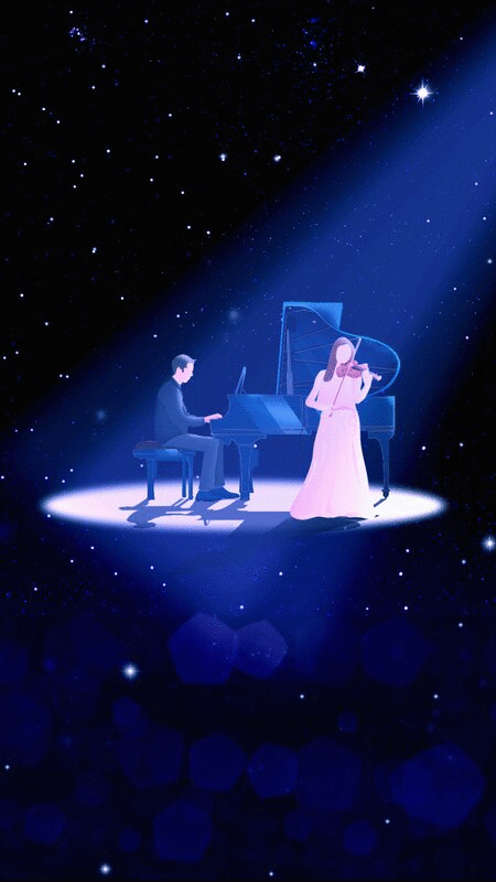 音乐家在舞台上弹钢琴，女孩拉小提琴插画图片下载