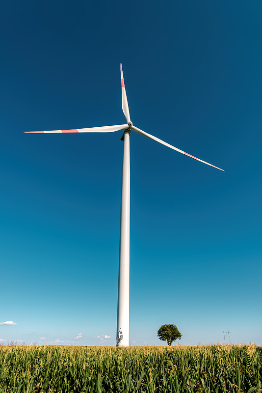 低角度的风力涡轮机对晴朗的蓝天，塞尔维亚图片素材
