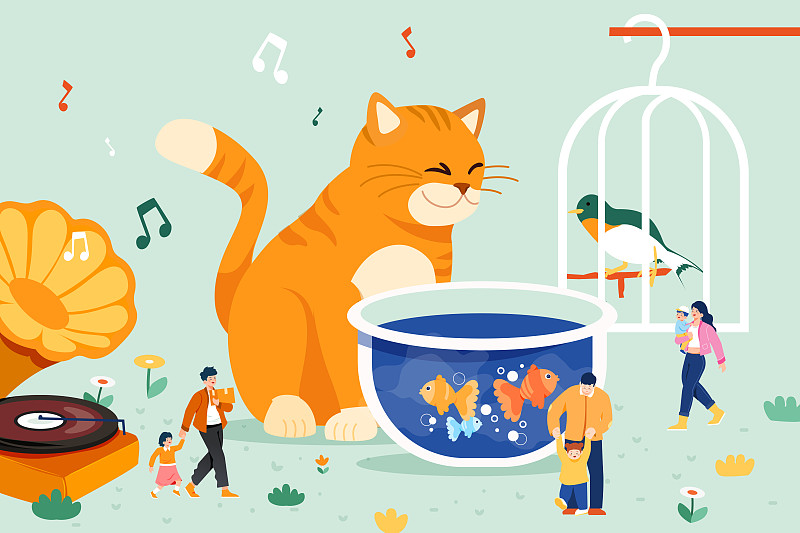 卡通动物园亲子游家人出游家养猫咪宠物娱乐消费电商促销矢量插画图片