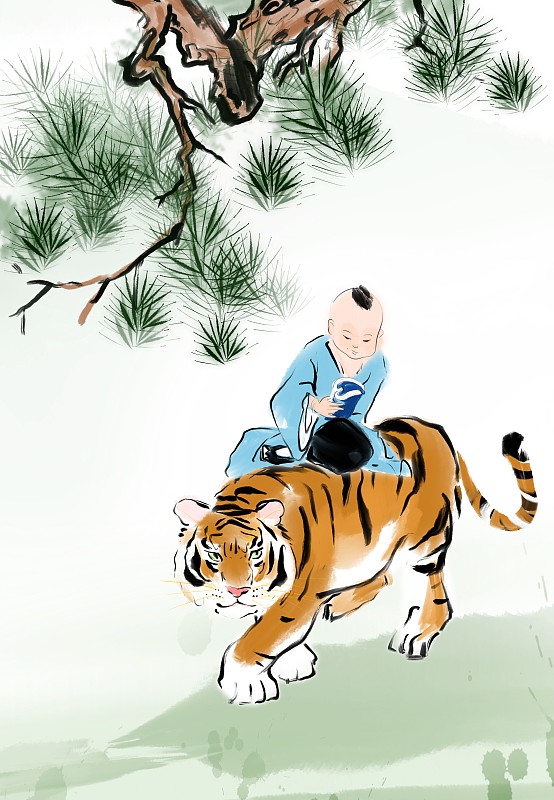 2022年虎年插画中国风骑老虎的小孩下载