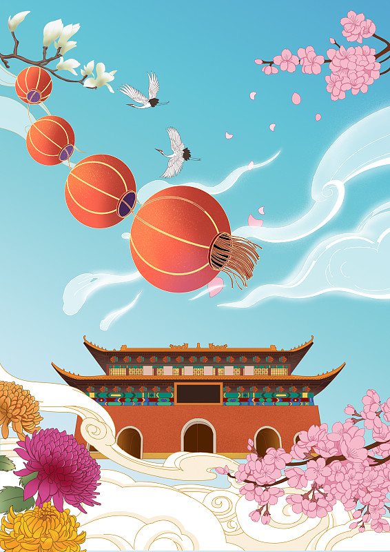 国潮风中国传统文化新年新春庆祝灯笼过年建筑新中式插画图片