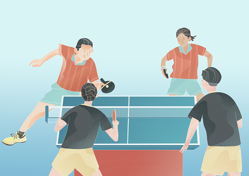 男女乒乓球混打双人激烈比赛插画图片