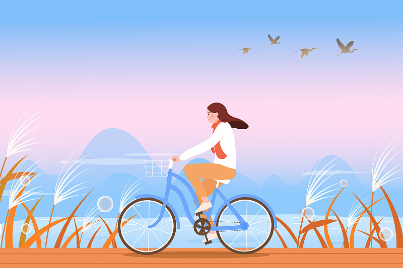 在湖边骑自行车的女孩矢量插画下载