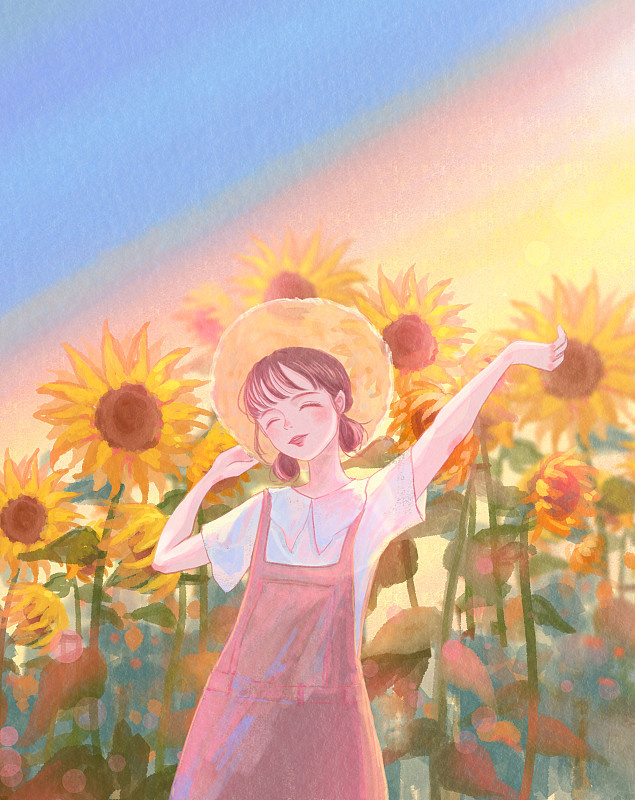 戴草帽的少女在向日葵地开心的笑插画图片