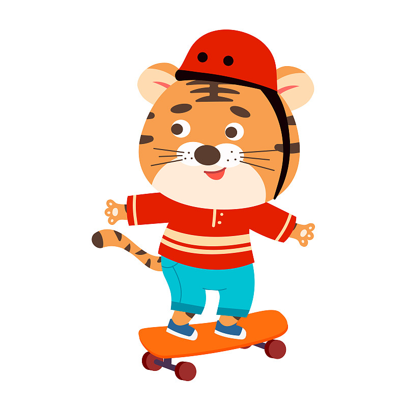 滑滑板的可爱老虎矢量插画图片