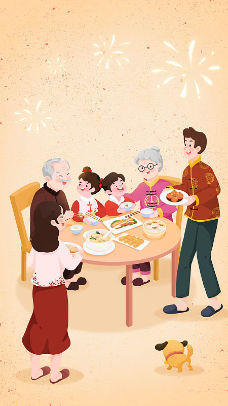 正月初六话家常春节家庭聚会年俗插画下载