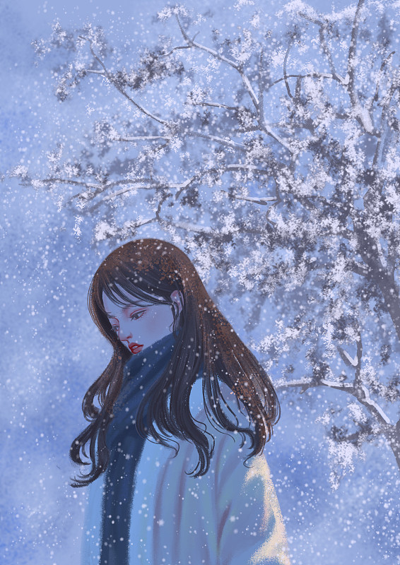 冬天户外赏雪围巾女孩插画图片