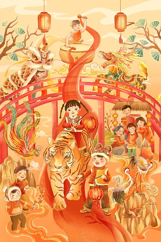 2022虎年春节插画图片