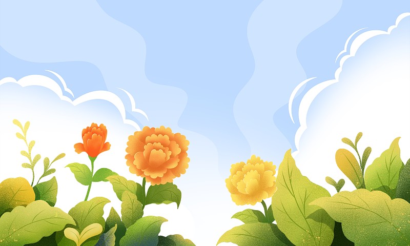 蓝天白云下的花朵插画下载