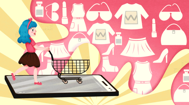 双11购物节女孩手机购物插画-GIF动图下载