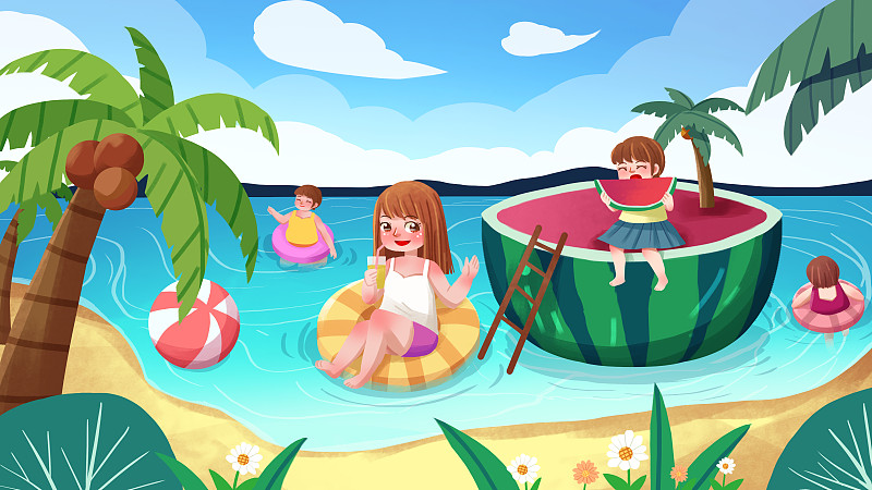 手绘立夏夏至大暑小暑海边游泳西瓜椰子树插画图片