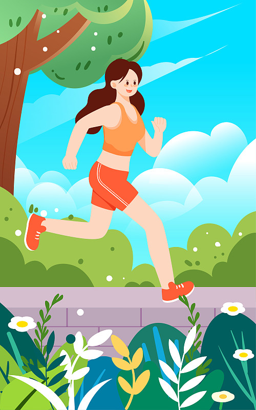 夏天女孩跑步运动减肥插画户外锻炼健身海报图片