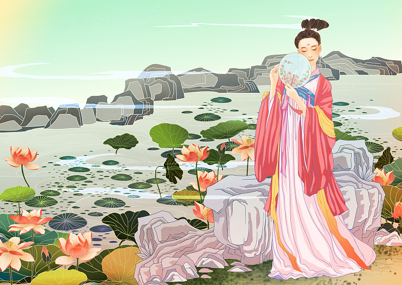 中国传统国风国潮形中式古代古风汉服少女插画下载