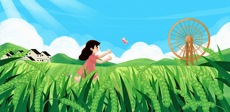 传统节气小满夏天户外稻田插画海报图片