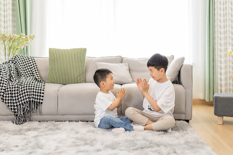 坐在客厅地毯上的一对可爱的亚洲兄弟孩子图片下载