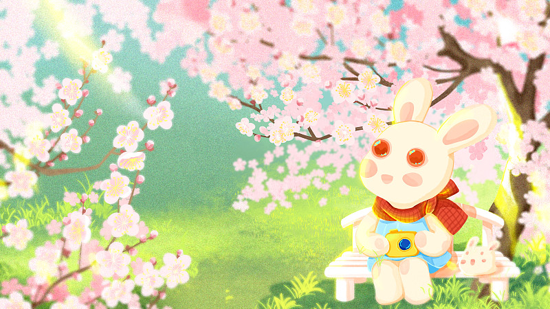 兔年一月粉色桃花椅子小兔子系列插画下载