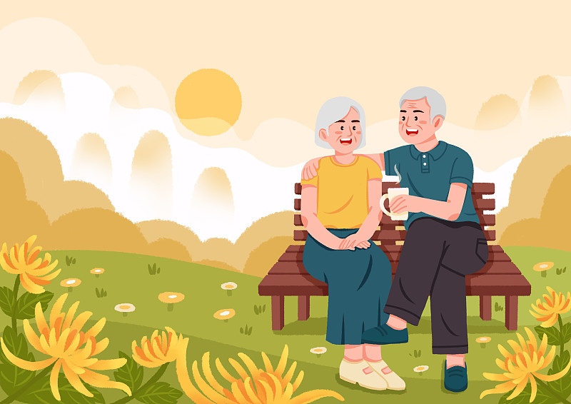重阳节，老年人夫妻坐在公园椅子观赏菊花海报图片下载