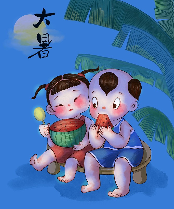 大暑夏天吃西瓜童趣插画图片