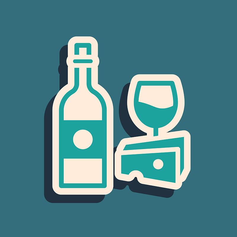 绿色葡萄酒瓶与玻璃和奶酪图标插画图片