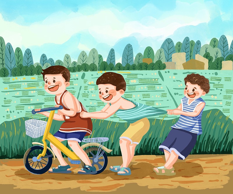 夏天暑假里的童年骑自行车的小孩图片下载