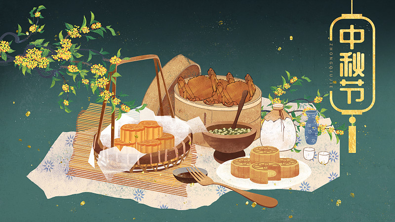传统节日中秋节螃蟹桂花酒月饼和灯笼图片素材